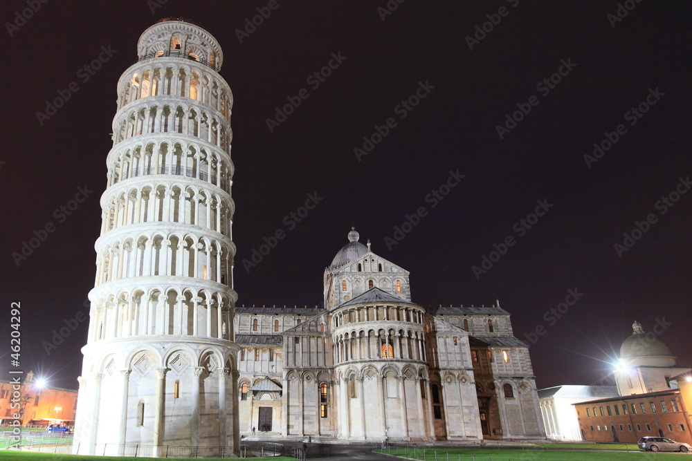 Pisa leaning tower and cathedral by night