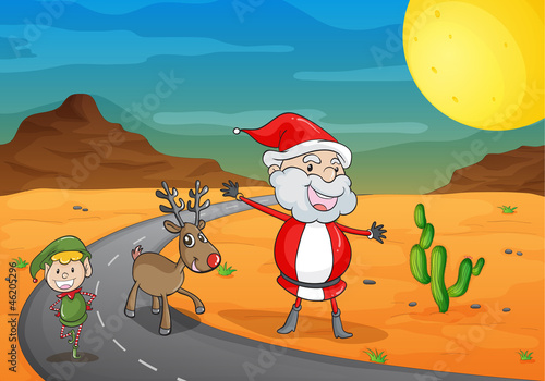 a  boy, a santa claus and a reindeer