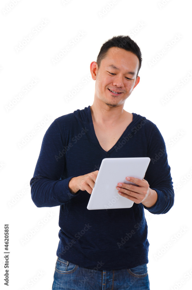 happy asian male on a generic tablet happy asian male on a generic tablet