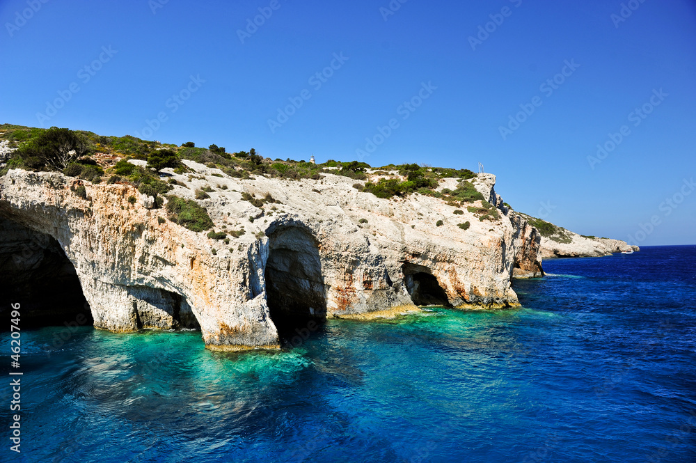 Blue caves on Zakynthos island, Greece .Famous caves with crysta