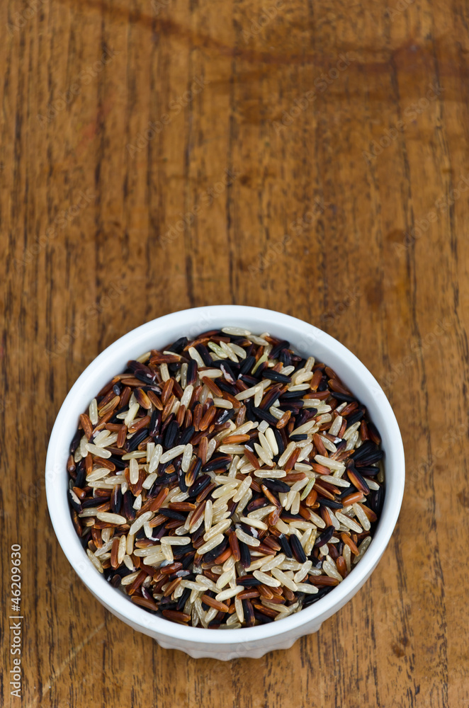 Classic Mixed Rice In The White Bowl On The Vintage Wooden Table Classic Mixed Rice In The White Bowl On The Vintage Wooden Table