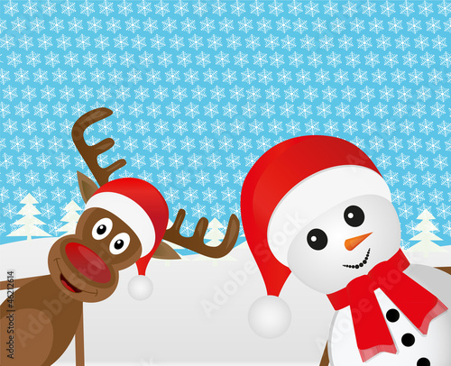 Snowman and Christmas reindeer peeking out of the woods