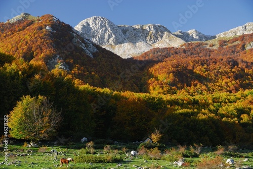 Panorama autunnale al tramonto con sfumature di vari colori, appennino centrale molisano, Italia photo