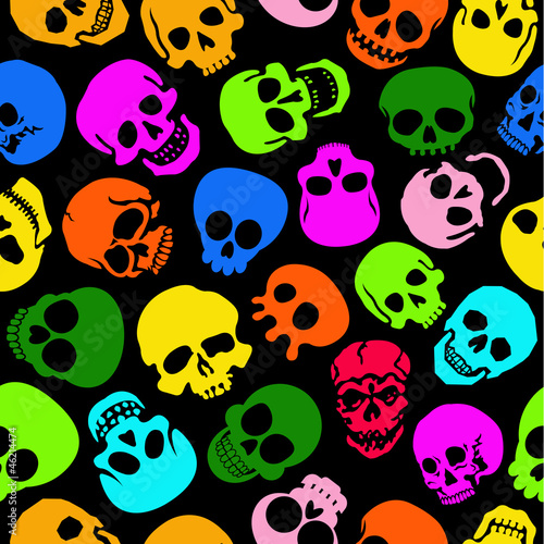 Colorful Skulls seamless pattern in black background