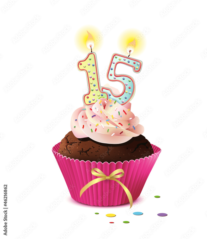 Cupcake mit Kerze und die Zahl 15 Stock-Vektorgrafik | Adobe Stock