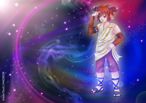 Manga style of zodiac sign on cosmic background, Aries