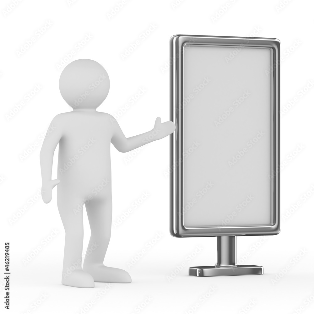 man and billboard on white background. Isolated 3D image man and billboard on white background. Isolated 3D image
