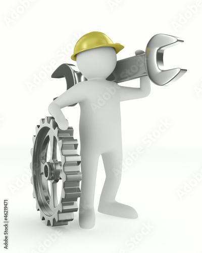 Man with wrench on white ba...
