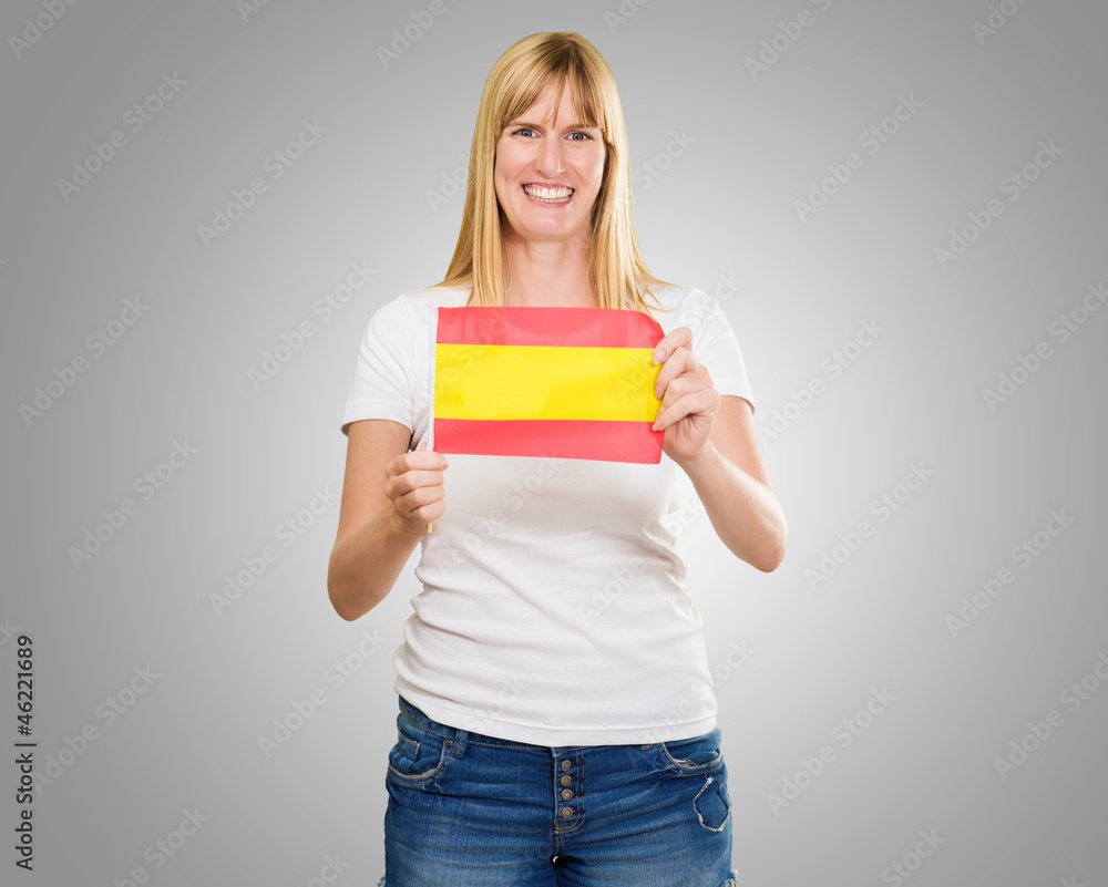 Happy Woman Holding Spanish Flag Happy Woman Holding Spanish Flag