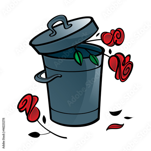 Three red roses in the trash bin