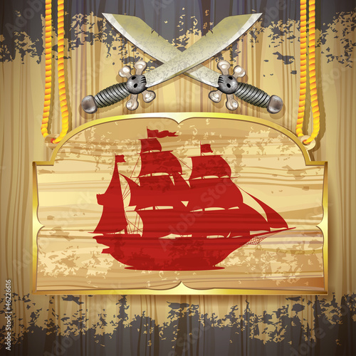 Red pirate ship over wood banner and swords