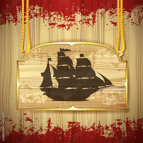 Pirate ship over wood banner