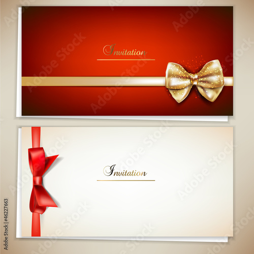 Collection of gift cards and invitations with ribbons. Vector ba