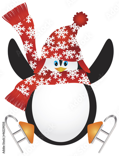 Penguin with Santa Hat Ice Skating Illustration