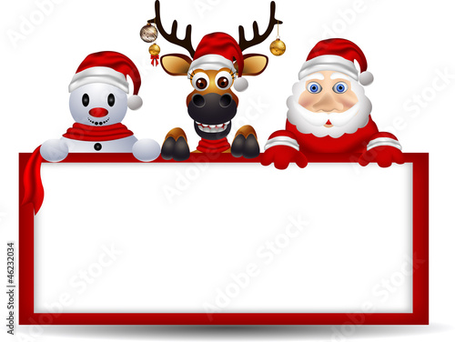 cartoon santa claus ,deer and snowman with blank sign