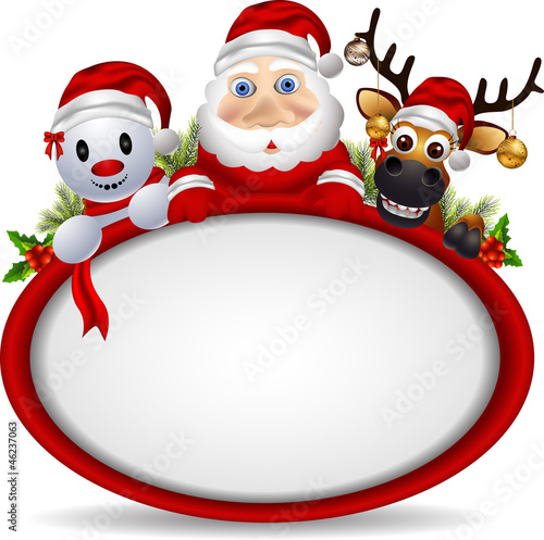 cartoon santa claus ,deer and snowman with blank sign photo