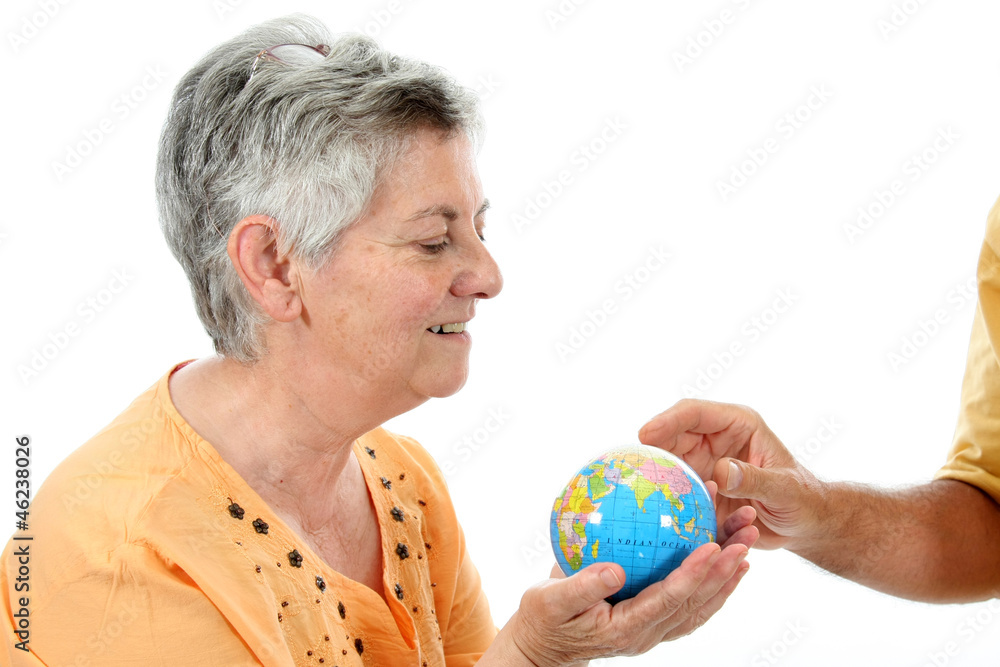 mature woman holding earth globe, protection concept mature woman holding earth globe, protection concept
