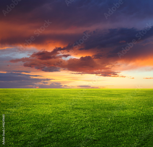 Image of green grass field and beautiful evening sky