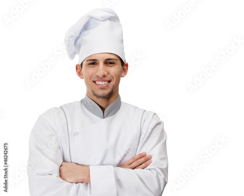Portrait of cook with arms crossed, isolated on white