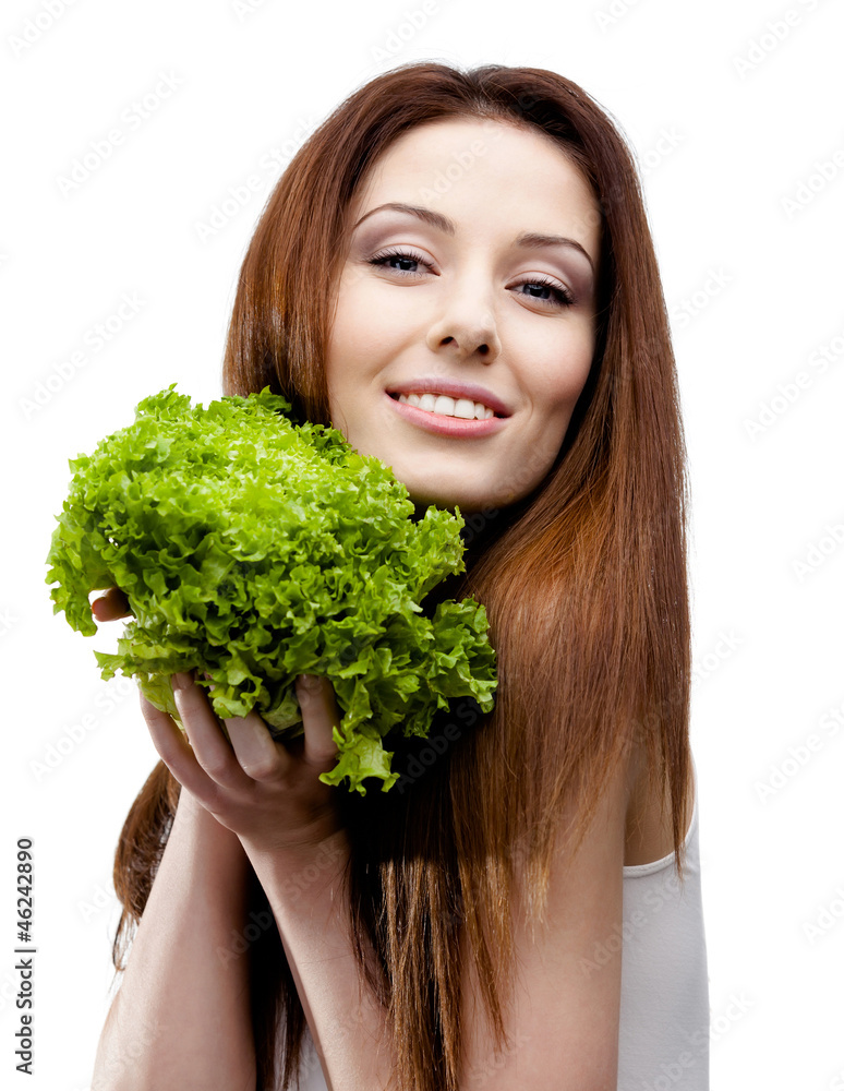 Woman hands fresh lettuce, isolated on white Woman hands fresh lettuce, isolated on white