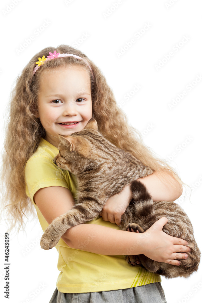 happy child girl holding  cat isolated on white