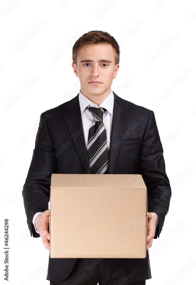 Manager in suit holding parcel, isolated on white Manager in suit holding parcel, isolated on white