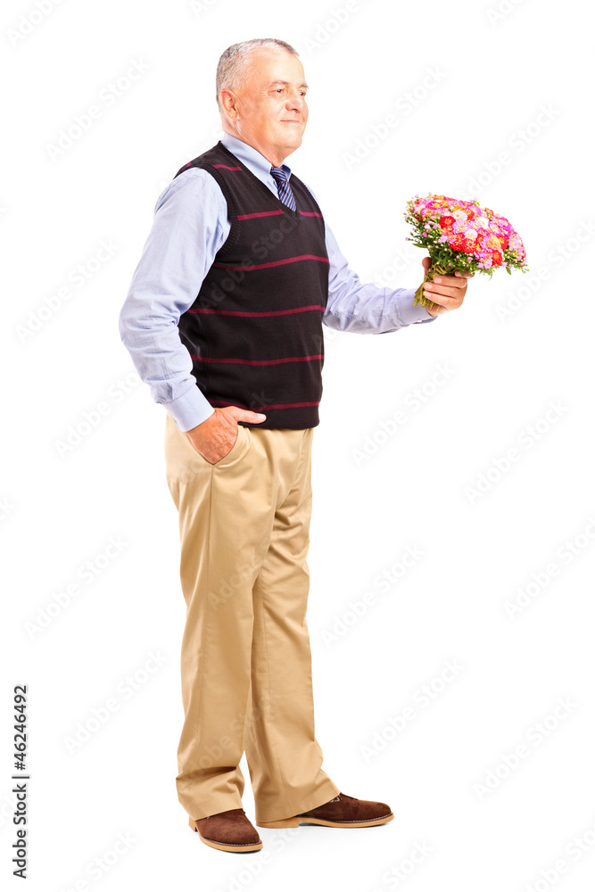 Full length portrait of a gentleman holding a bunch of flowers Full length portrait of a gentleman holding a bunch of flowers