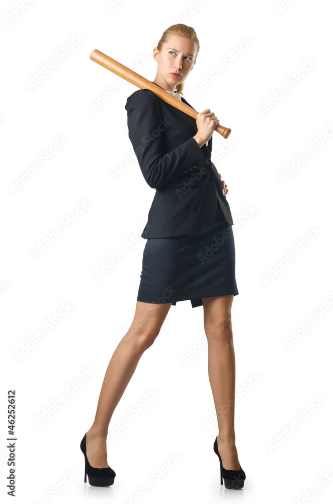 Businesswoman with baseball bat on white Businesswoman with baseball bat on white