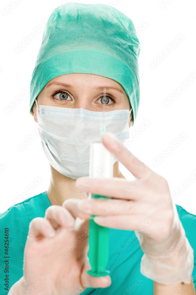 Surgeon woman with syringe making injection, Surgeon woman with syringe making injection,