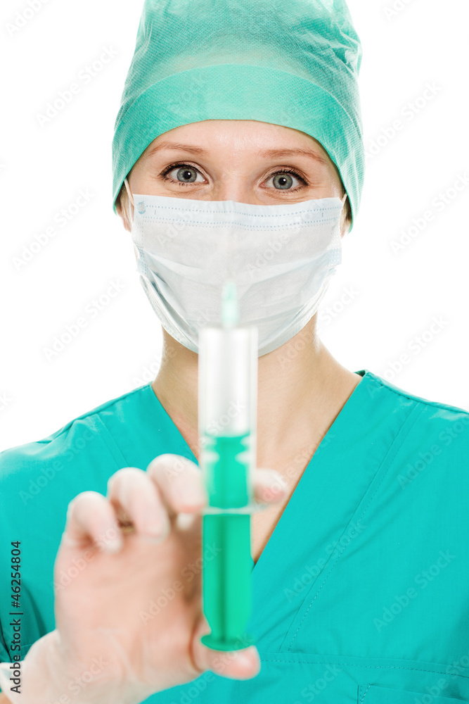 Surgeon woman with syringe making injection, Surgeon woman with syringe making injection,