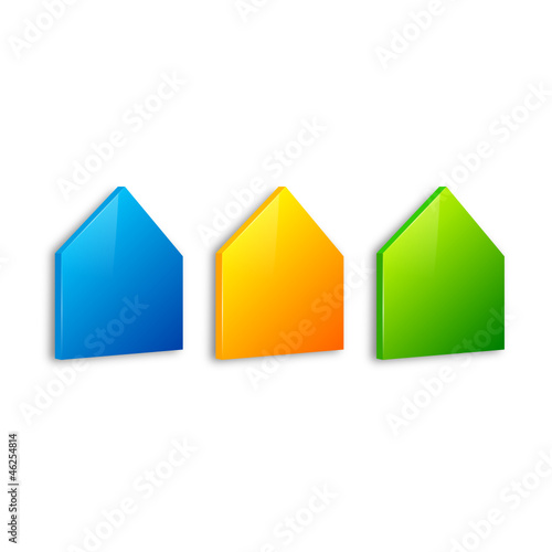 3 maisons en couleur (bleu,orange,vert)