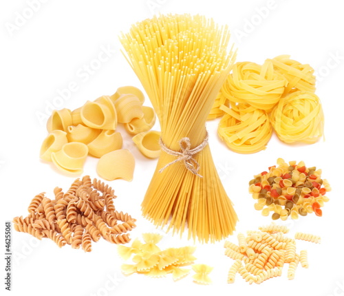 Variations of italian macaroni isolated on white background.