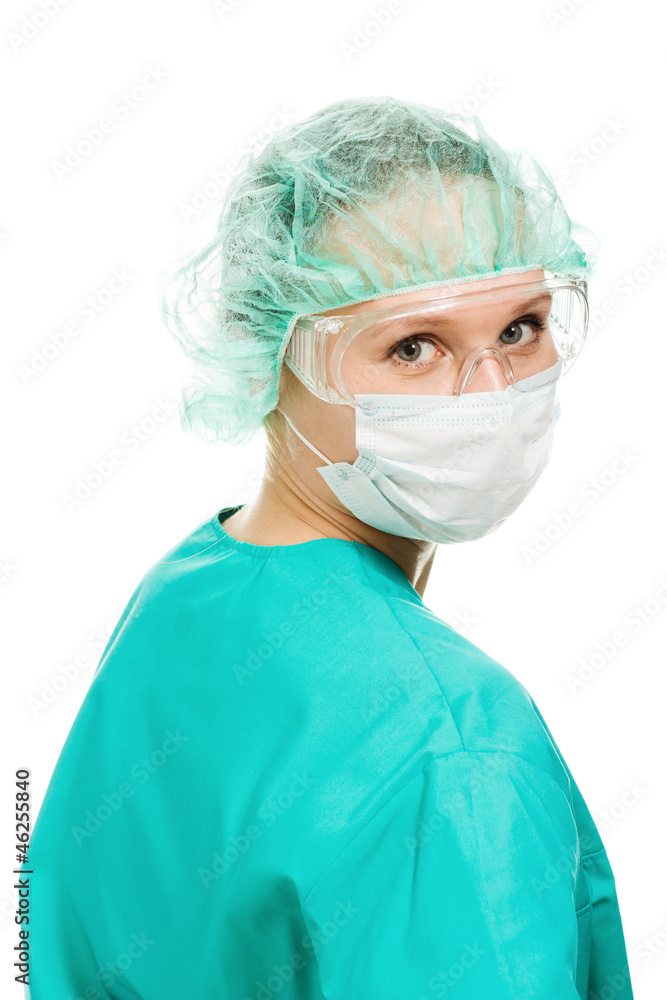 Surgeon woman in protective glasses and mask Surgeon woman in protective glasses and mask