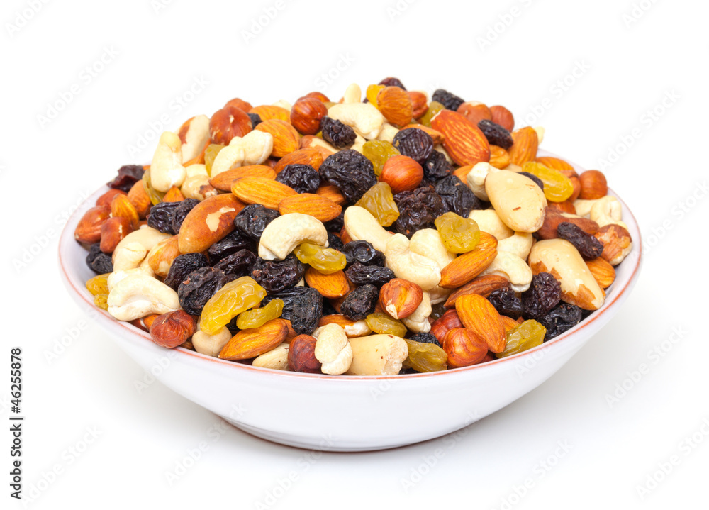 Mixture of nuts and raisins in bowl Mixture of nuts and raisins in bowl