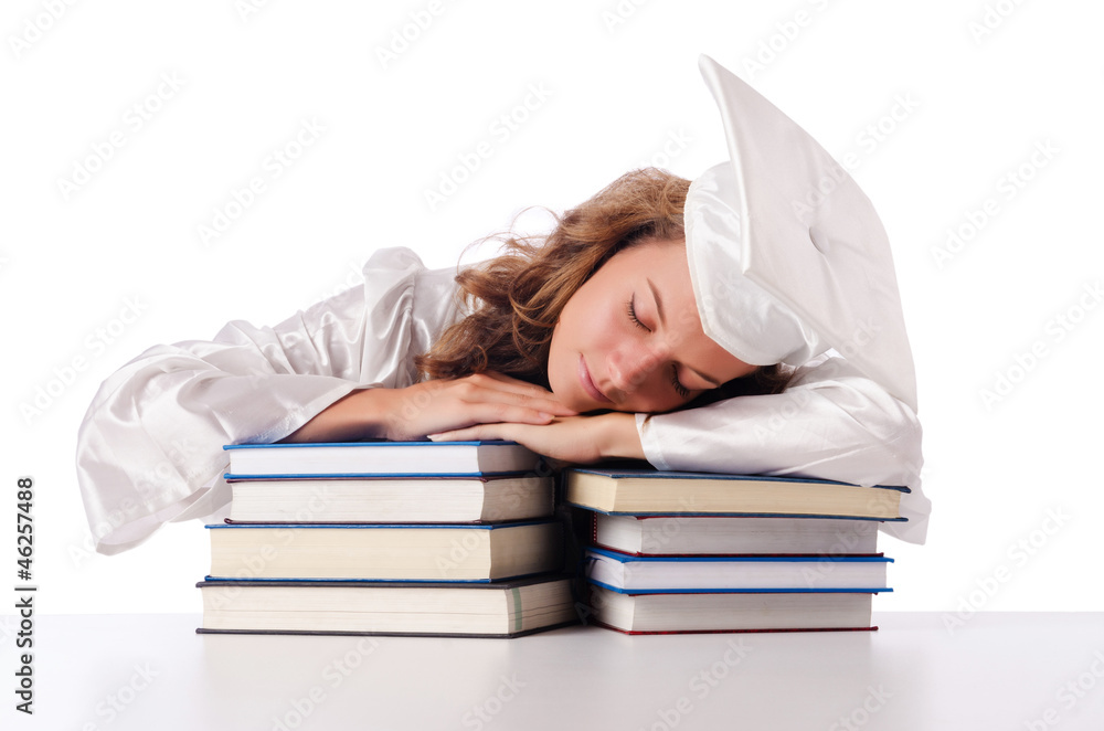 Happy graduate with lots of books on white Happy graduate with lots of books on white