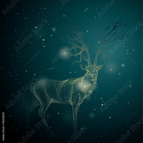 Shining Deer on the night sky / Surreal blue background