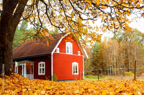 Altes rotes Holzhaus in Schweden im Herbst