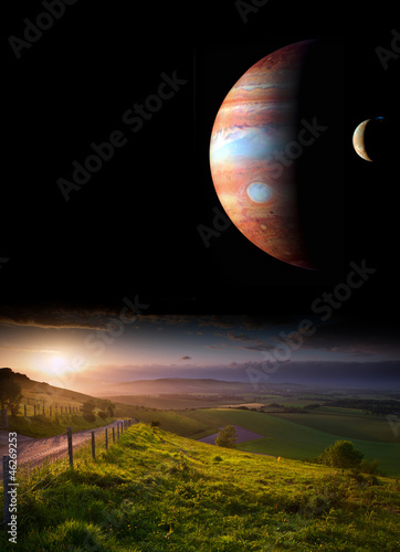 Countryside sunset landscape with planets in night sky Elements #46269253