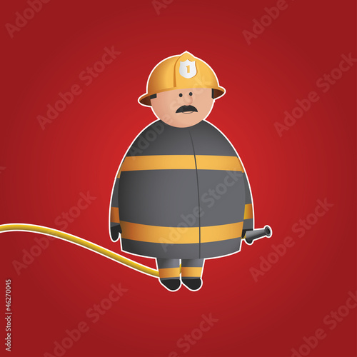 Cute firefighter vector character in a helmet holding a hose
