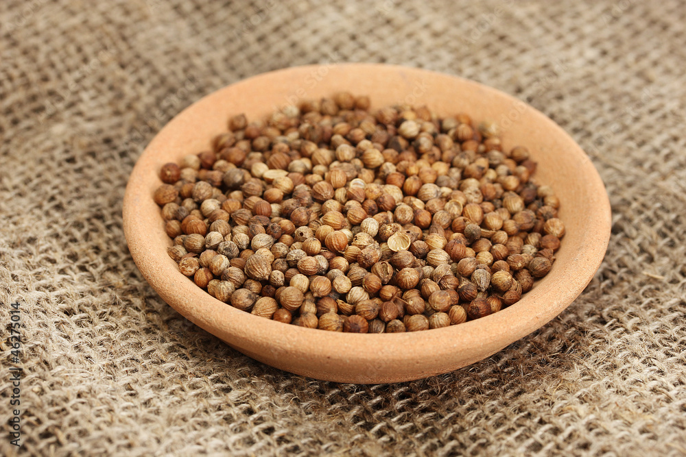 Heap coriander seeds in bowl on canvas background close-up Heap coriander seeds in bowl on canvas background close-up