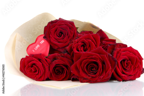 Beautiful bouquet of red roses with valentine isolated on white