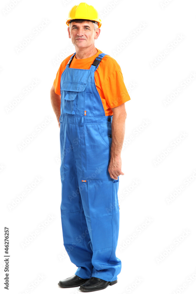 Fototapeta premium Male builder in yellow helmet isolated on white