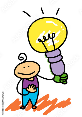 happy kid with light bulb thumb up cartoon