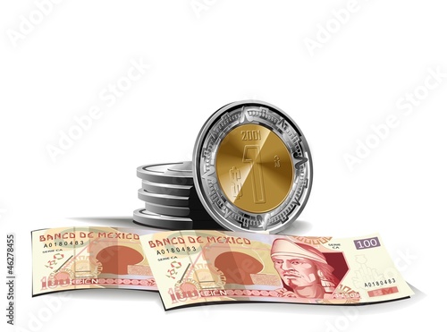 mexican peso banknotes and coins vector illustration in color