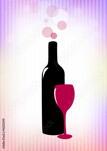 Bottle of red wine and glass on pink-violet background.