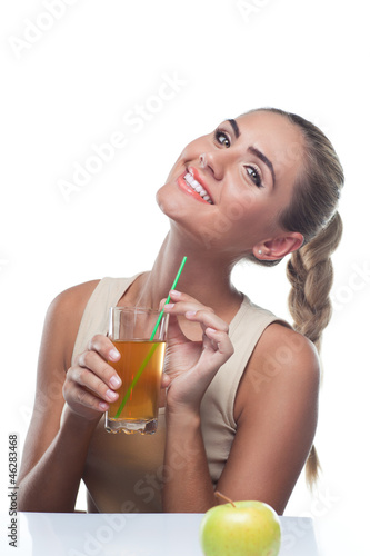 woman with apple juice on white background
