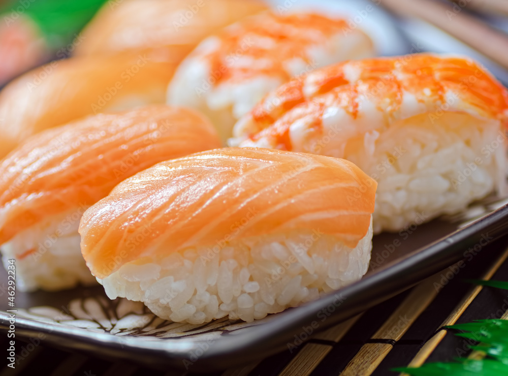 Salmon and shrimp sushi.