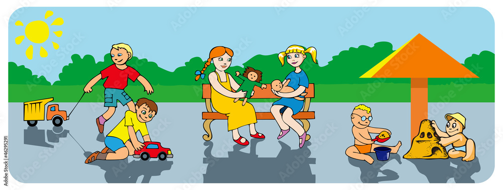 Fototapeta premium Kids playing in the park, vector illustration