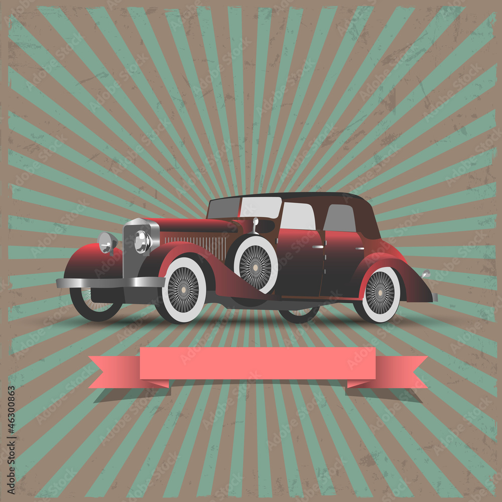 Retro car with ribbon-banner