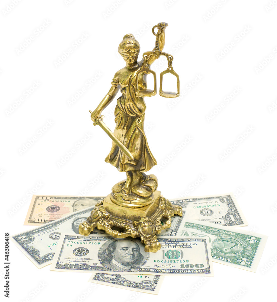 Obraz premium statue of justice and money isolated on white background